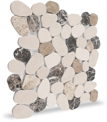 Soulscrafts Pebble Tile, Brown Beige Sliced Pebble Stone Tiles for Shower Kitchen Backsplash Bathroom Wall and Floor, 4 Sheets