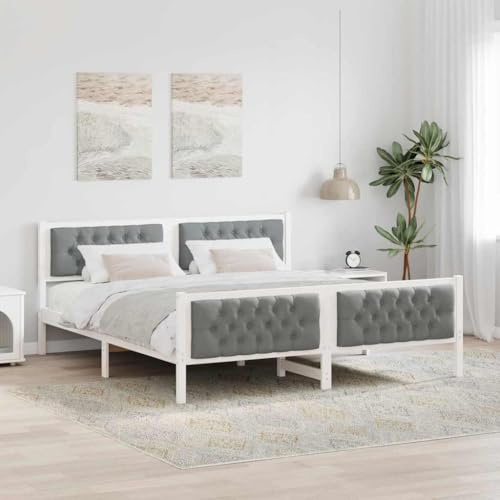 Qnhdfrt King Pine Wood Bed Frame with Upholstered Headboard, Light Gray