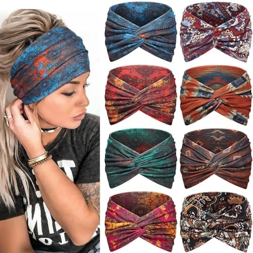 Awumbuk Haarband Damen, Stirnband 7'' Extra Breit Gekreuzt - 8er Set, Boho Mehrfarbig Headband, Elastisch und Weich Kopftuch, für Sport, Kosmetik (Schwarz)