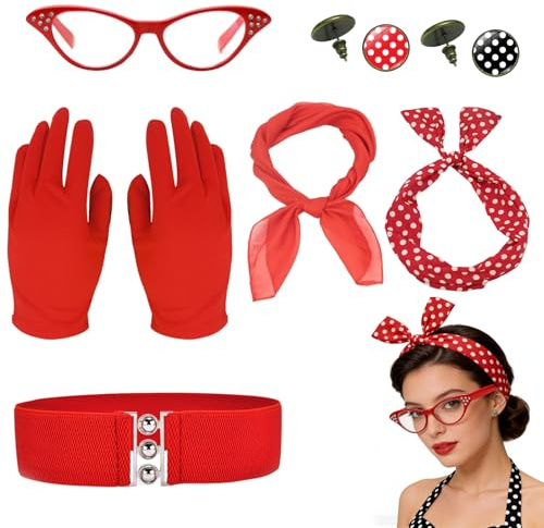 RAOPNHS 7-tlg 50er Jahre Accessoires Damen Rockabilly Zubehör mit Brille Polka Dot Stirnband Schal Handschuhen Gürtel Ohrringen für Karneval Mottoparty rockabilly kleider 50er jahre outfit damen