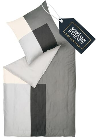 SCHÖNER WOHNEN Satin Bettwäsche 135x200 Baumwolle Karo Grau - Luxus Bettwäsche-Set 2teilig - atmungsaktiv - 1x Bettwäschebezug & 1x Kopfkissenbezug 80x80cm Frühling Duvet Cover Set - ÖKO-TEX