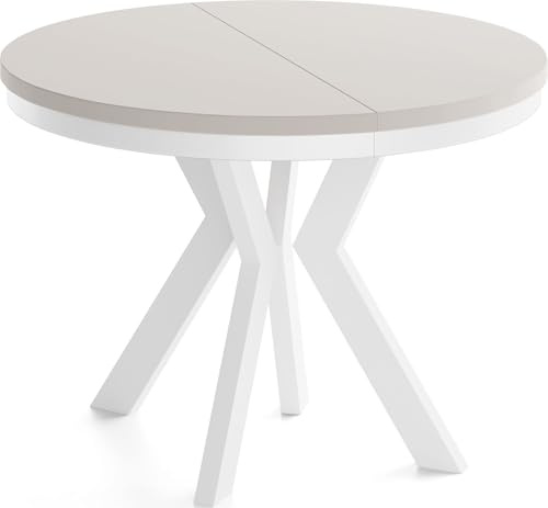 WFL GROUP Runder Esstisch Ausziehbar 90-190 cm – Verlängerbar, für 5-9 Personen mit Weißen Holzbeinen & Metallring – Tisch für Wohnzimmer & Esszimmer in Kaschmir