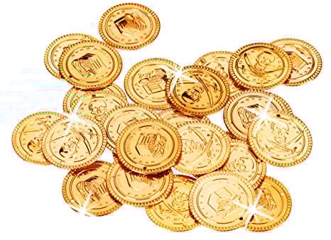Relaxdays 10022524 Goldtaler Piraten, Piratenschatz aus 288 Münzen, Plastik Spielgeld für Kindergeburtstage & Fasching, PP, gold