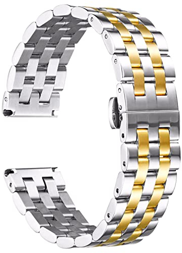 BINLUN Edelstahl Uhrenarmband Poliert Metall Uhrenarmbänder 18mm 19mm 20mm 21mm 22mm 24mm Smartwatch Ersatzarmband für Herren Damen Metallarmband mit Geraden und Gebogenen Ende (Silber-gold, 20mm)