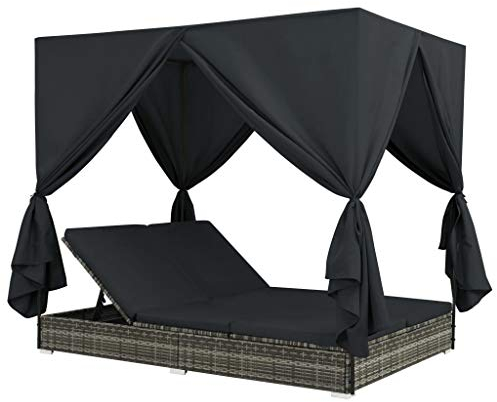 Festnight Outdoor-Lounge-Bett mit Vorh?ngen Poly Rattan Sonneninsel mit Sonnendach Garten Sofa Gartenliege | Lounge Liege Set Gartenm?Bel Terrassen Strandkorb Grau