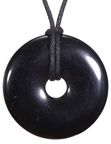 Morella Damen Halskette 80 cm Donut Edelstein Anhänger schwarzer Obsidian im Samtbeutel