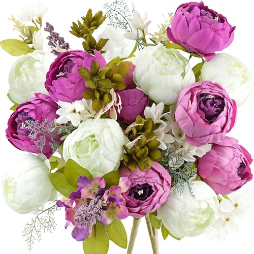 FiveSeasonStuff 2 Bouquet of Peony Silk Artificial Flowers and Hydrangeas/Perfect for Wedding, Bridal, Party, Home, Office Décor (Purple & White (2 Bundles))