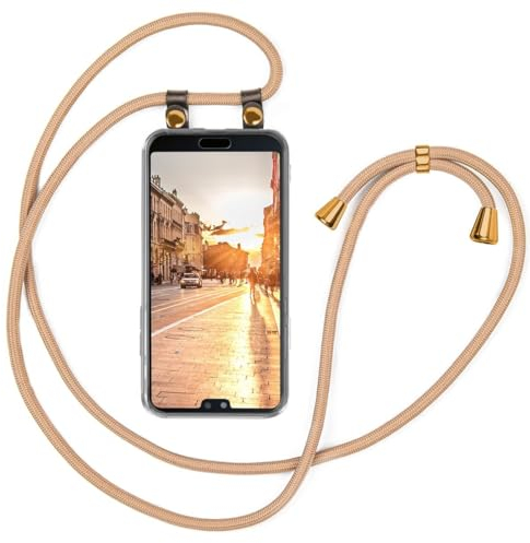 moex Handykette für Huawei P20 Hülle mit Band abnehmbar, Handyhülle mit Kette zum Umhängen, Handyband Kordel Umhängehülle, Necklace Handy Umhängeband, Gold