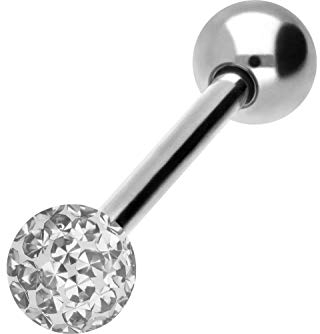 PIERCINGLINE Chirurgenstahl Barbell EPOXY & CHIRURGENSTAHL KUGEL Piercing Stab Brust Zunge Silberfarben Kristallklar 14 mm