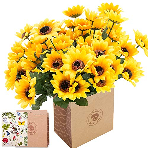 SnailGarden 6 Sträuße Künstliche Sonnenblumen, 42 Köpfe Seide Gefälschte Sonnenblumen Deko mit Grußkarte & Papiertüte,Sonnenblumen Kunstblumen Blumenstrauß für Home Tischdeko Geschenk Office Hochzeit