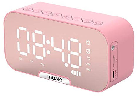 CYONGYOU Réveil LED avec radio FM, haut-parleur Bluetooth sans fil, miroir USB, rose