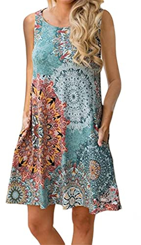 OMZIN Damen Sommer Kleid A Linie Lose Casual Strand Tank Ärmelloses Sommerkleid lose Swing Flowy Kleid Blau M