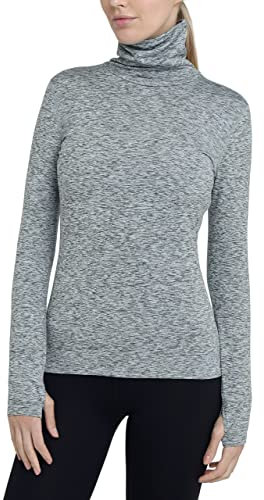 TCA Women's Warm Up Long Sleeve Training Workout Funnel Neck Thermal Running Top with Thumbholes - Quiet Shade Marl, S