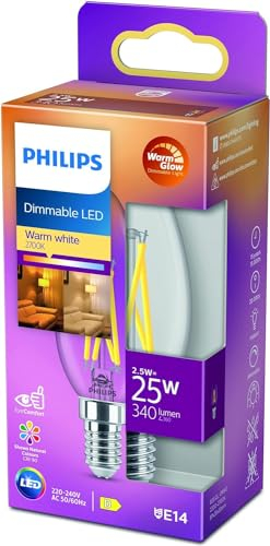 Philips LED Classic E14 Filament Lampe Warm Glow (25 W), dimmbare LED Lampe mit warmweißem Licht, energiesparende Lampe mit langer Nutzlebensdauer, Klar