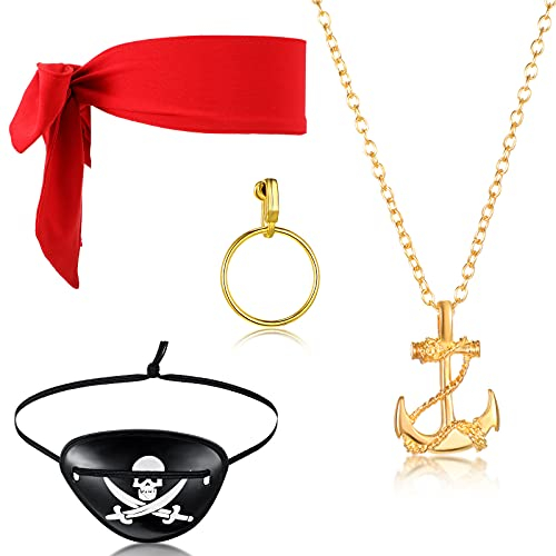 Zomiboo 4 Stück Piraten Kostüm Zubehör Set für Erwachsene inklusive Piraten Augenklappen Piraten Bandana Damen Ohrringe Piratenhut für Kinder Piraten Halskette für Halloween Zubehör
