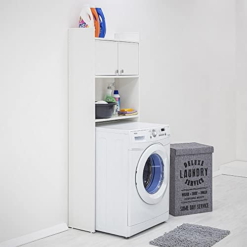 Inbagno Mobile sopra Lavatrice Alto con Ante e Ripiani a Vista, L 65 x P 26 x H 162 cm, in PVC Bianco, Ideale per lavanderie Esterne