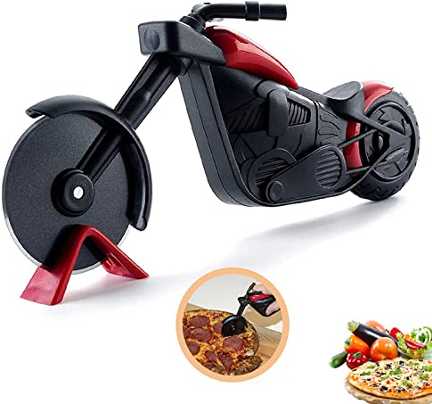 Tagliapizza, Tagliapizza in mano, Tagliapizza moto, Tagliapizza creativo, Divertente rullo per pizza, Utensili da cucina, con supporto, utilizzato per tagliare pizza, pasticceria, Impasto (Nero rosso)