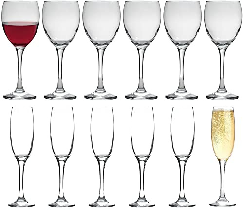 LAV 12pc Clear Venue Glass Stemware Set - Large Glass Red White Rose Long Stem Cocktail Party Drinking Goblet Gift Set