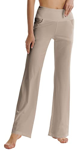 LaiEr Damen Bootcut Yogahose mit Taschen, hohe Taille, ausgestelltes Bootleg Yoga Workout Hose mit Seitentaschen, Hellbraun,XXXL