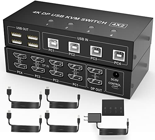 4 Port KVM Switch Dual Monitor Displayport 4K 60Hz Mit 4 USB 2.0 Hub - Keyboard Mouse Switcher für 2 Monitore und 4 Computer