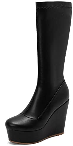 CHICMARK Damen Plateau Stiefel Blockabsatz Reißverschluss | Schafthöhe 31,5 cm; Plateau 4,5 cm; Blockabsatz 11,5 cm; Elastischer PU-Schaft; Reißverschluss; Kunstleder; Herbst/Winter