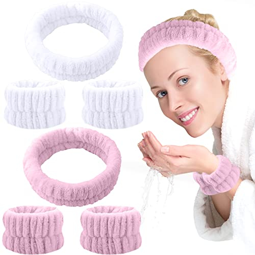 ZOCONE 6pcs Diademas Faciales Spa y Muñequeras, Diadema Maquillaje Suaves Bandas de Pelo para Maquillaje Cinta Pelo Mujer Muñequeras Skincare Elásticas Diadema Limpieza Facial (Blanco y Rosa)