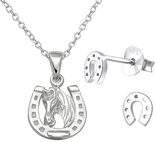 JAYARE Kinder Schmuckset Mädchen - Pferd Hufeisen Glücksbringer - Halskette und Ohrringe - Kette Silber 925 mit Anhänger und Ohrstecker