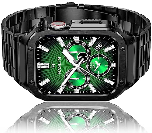 HASLFM Edelstahl Armband mit Gehäuse Kompatibel mit Apple Watch 44mm（Series 6/5/4 42mm(Series 3/2/1), Robustes Metall iWatch Band und Schutzhülle für Series 6/5/4/3/2/1/SE3/2/1 Männer,Schwarz