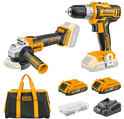INGCO 20V Kit Inalámbrico Taladro Atornillador y Amoladora de Ángulo de disco 115 mm con 2x2.0Ah Baterías CDLI2002+CAGLI201158