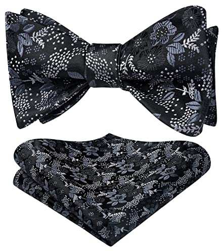 HISDERN Herren Fliege Dunkelgrau Floral Self Fliege und Einstecktuch Set Blumen Jacquard für Hochzeit Feier