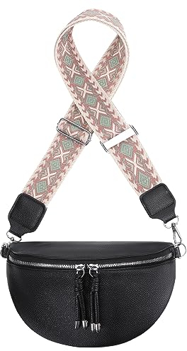 GSenhui Bauchtasche Damen Leder,Crossbody Bag Damen, Bauchtasche Breiter Gurt mit Reißverschluss, Umhängetasche Damen Schwarz für Reisen Einkaufen
