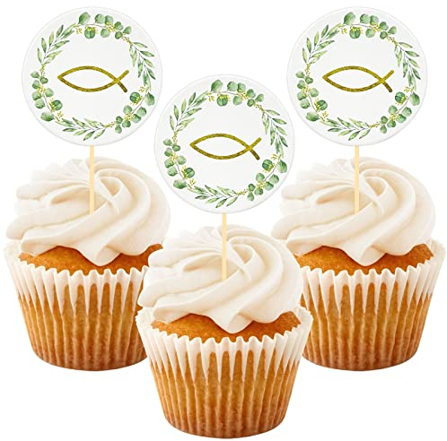 Cake Topper Taufe, 25 Stück Fisch Cupcake Deko, Tortendeko Taufe Firmung Kommunion Konfirmation Geburtstag Hochzeit, Muffin Deko Taufe Junge Mädchen Geschenke