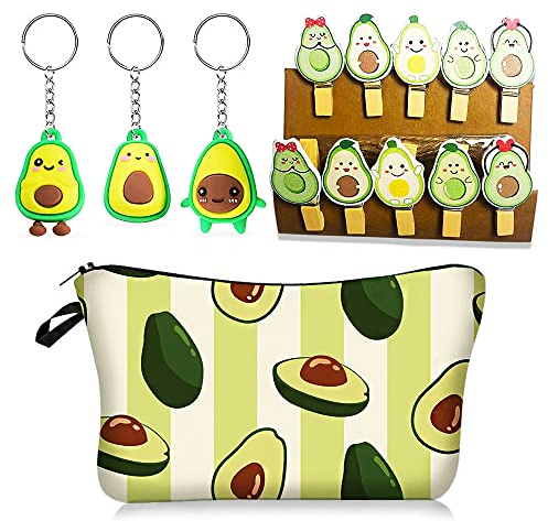 SUNSK Federmäppchen Avocado Cartoon Schlüsselanhänger Federmäppchen mit Avocado-Muster Große Kapazität Mäppchen Avocado Schlüsselanhänger Holzklammern Set für Jungen, Mädchen 14 Stück