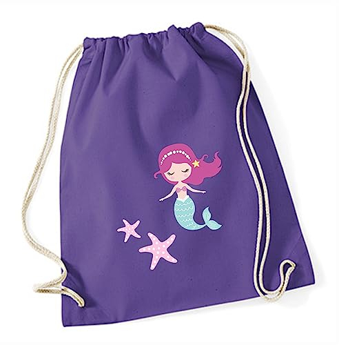 minimutz Turnbeutel Meerjungfrau für Mädchen | Stoffbeutel Baumwolle Unterwasserwelt Seestern | Sportbeutel zum Zuziehen mit Kordel 37cm x 46cm (lila)