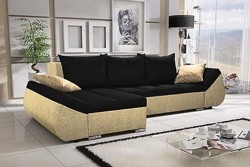 ALTDECOR Ecksofa mit Schlaffunktion und Bettkasten, Polstercouch in L-Form links angeordnet, rückenecht gepolstert, ideal als Gästebett - KORFI-L - 251x140x90cm Schwarz/Beige