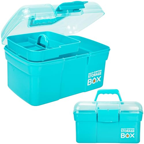 Creahaus 28cm Mehrzweck-Aufbewahrungsbox mit abnehmbarem Tablett, kleine Kunststoff-Aufbewahrungsbox mit Griff, tragbarer Kunsthandwerk-Organisationskoffer für Nähen, Make-up, Medizin (Blau)