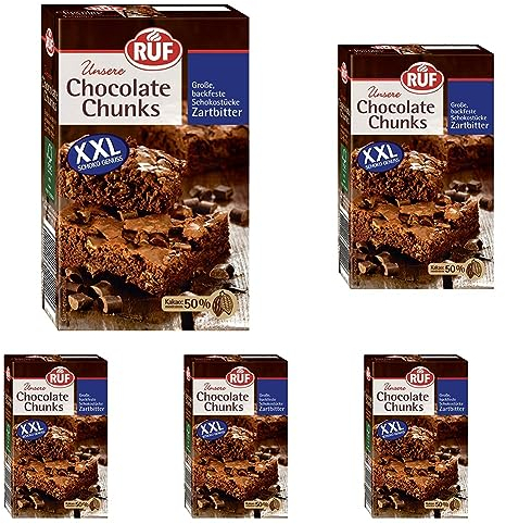 RUF Chocolate Chunks Zartbitter, backfeste, dunkle Schokoladen-Tropfen, XXL Schoko-Drops zum Backen, vegane Schokoladen-Stücke, glutenfrei, 1x100g (Packung mit 5)