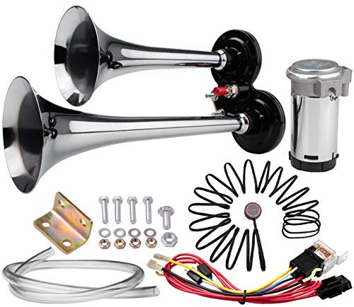 FARBIN Klaxon de Voiture 12V 150dB Klaxon à Air Chrome Zinc Klaxon de Camion Klaxon Tracteur Double Tube Trompette Argent avec Compresseur Relais Faisceau Câble et Bouton pour Car Camion Moto