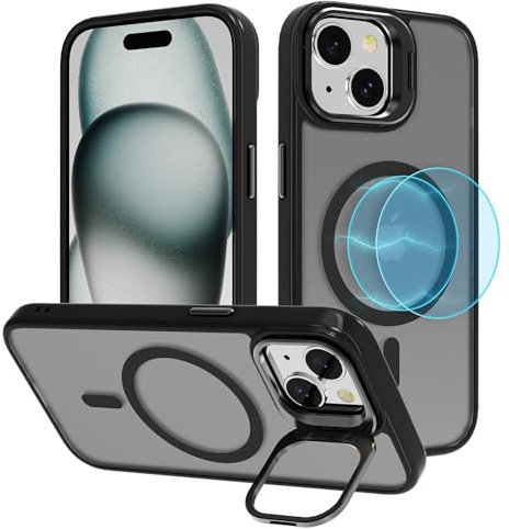 YIRSUR Magnetic for iPhone 15 Case, [Compatible with MagSafe] Built-In Camera Stash Stand Phone Case, Shockproof Translucent Matte Back Protective for iPhone 15 Phone Case Cover- Black