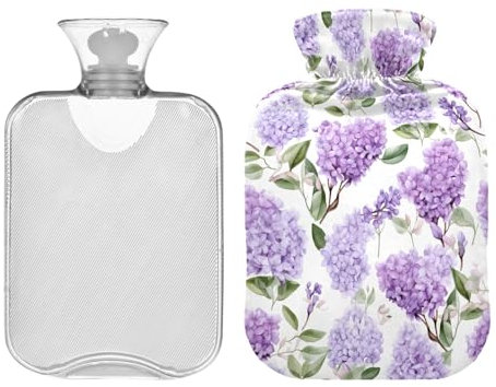 Purple Lilac Flowers Hot Water Bottle with Soft Cover 2L Reusable Hot Water Bag Warm Compress Bag for Menstrual Cramps, Neck and Shoulder Pain Relief