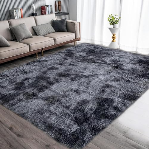 Tinyboy-hbq Teppiche Flausching Wohnzimmer Teppiche Shaggy Schlafzimmer Waschbarer Weiche Teppich Bequeme für Wohnkultur (Grau Schwarz, 140 x 200 cm)