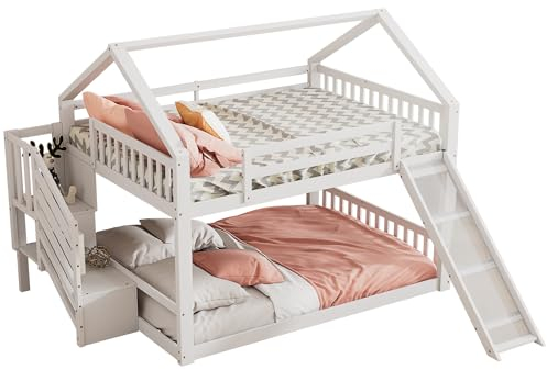 Azkoeesy Etagenbett 140 x 200 cm, mit Rutsche und Stauraum- Treppe, mit Rausfallschutz, für Kinder und Jugendliche, Kiefernholz, Weiß