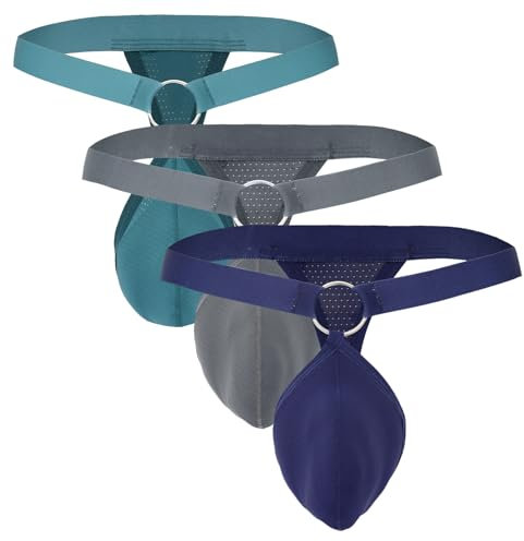 FEOYA Herren String Unterwäsche T-Back Jock Strap Höschen Sexy Low Rise G-Strings Sexy Dessous G String für Männer Bikini Unterwäsche Weiche Slips G-String 3 Pcs/Pack Grau+Blau+Grün L