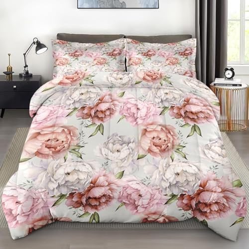 Pamnest Comforter Set Full Size, Floral Botanical Flower Soft 3 Pcs Bedding for Kids and Adults, Peony Vintage Red Rose Comforter Set with Pillowcase, for Bedroom Bed Decor