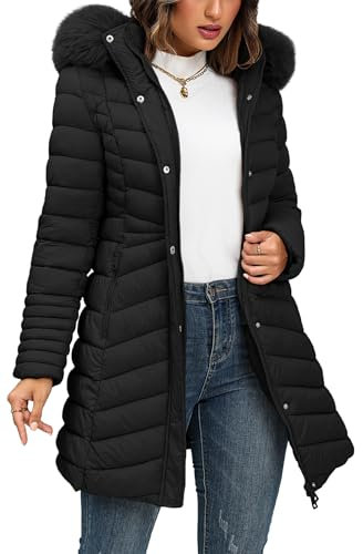 Giolshon Giacca Puffer da donna Foderata in pile con imbottitura trapuntata e cappuccio rimovibile in pelliccia sintetica G23-18 Nero L