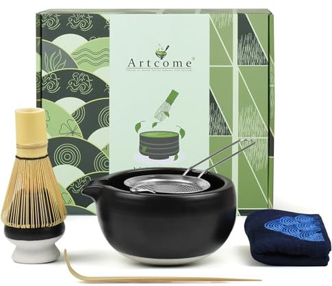 Artcome 7 Pcs Complete Matcha Tea Ceremony Kit - Bowl With Pouring Spout, Whisk, Scoop, Strainer for Making Usucha, Koicha and Latte (Black)