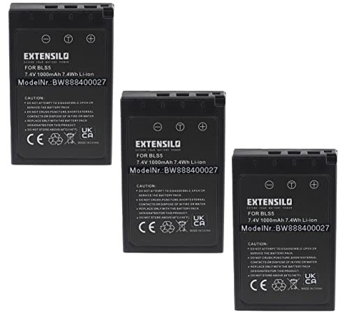 EXTENSILO 3 x Battery Compatible with OM System OM-5 Camera (1000 mAh, 7.4 V, Li-Ion), Infochip