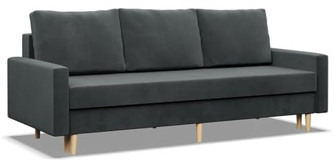 Mebligo - Sofa mit Schlaffunktion und Bettkasten, 3-Sitzer Schlafsofa 212 cm Breit, Bonellfederkern, Ausziehbares Couchbett auf Holzfüßen - Dunkelgrau