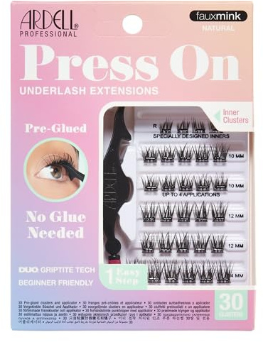 Ardell Lot de 30 extensions de cils pré-collées à presser en faux vison naturel pour débutants avec applicateur, longueurs assorties, 30 grappes de cils