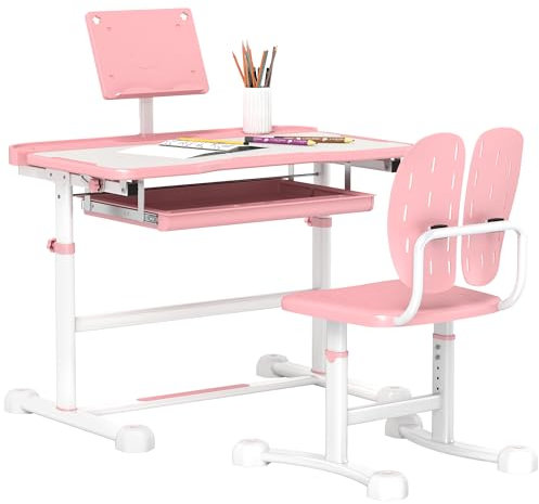 AIYAPLAY Kids Desk and Chair Set, Height Adjustable School Study Table Chair Set with Tilted Desktop, Storage Drawer, Book Stand, for Writing Reading, kids Aged 3-12 Years, Pink